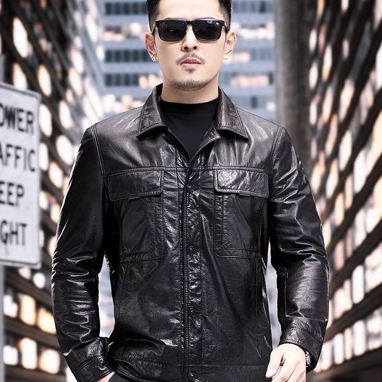 New Haining Genuine Leather Jacket For Men, Top Layer Cowhide, Turn-Down Collar, Short Slim Fit Motorcycle Jacket, Thin_desvips.com