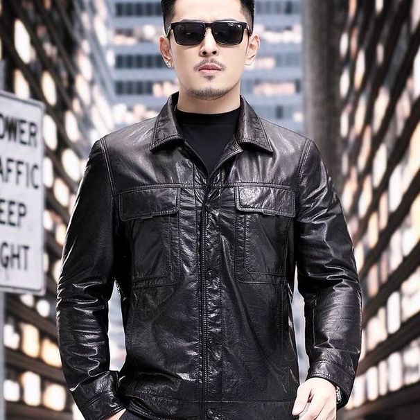 New Haining Genuine Leather Jacket For Men, Top Layer Cowhide, Turn-Down Collar, Short Slim Fit Motorcycle Jacket, Thin_desvips.com