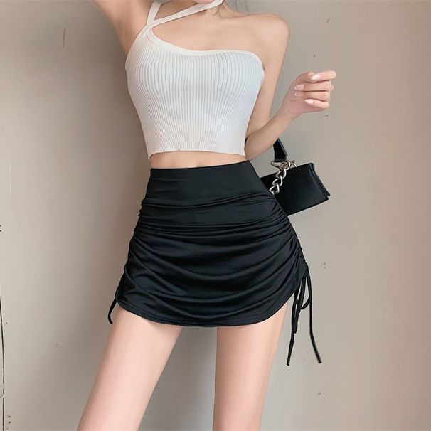 European American Hot Girl Style Sexy Strap Drawstring Pleated For Women, Slimming Half-length A-line Skirt,_desvips.com