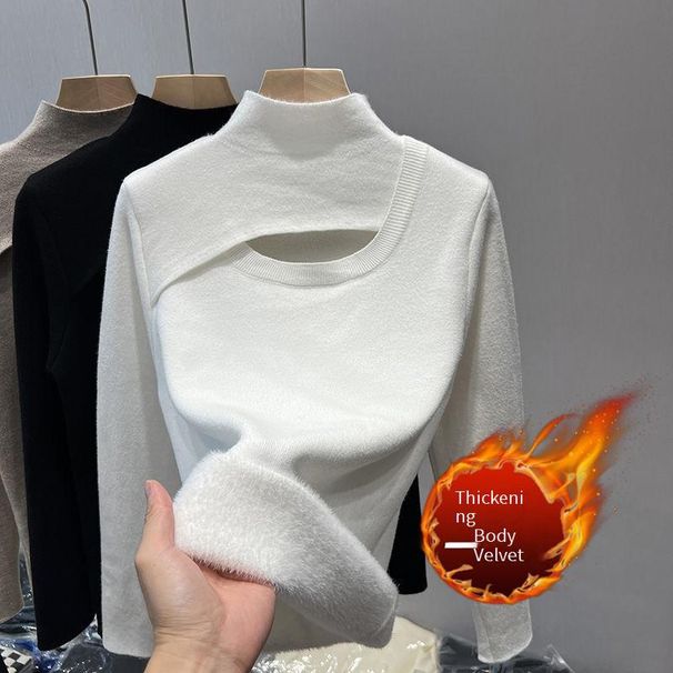 Soft Fleece-Lined High Neck Thermal Sweater - Cozy Loose Fit Pullover For Winter Layering (White, Black, Khaki, One Size)_desvips.com
