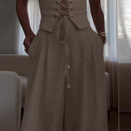 Women's Clothing summer new pure desire sexy hollow strap top casual wide leg pants suit_desvips.com