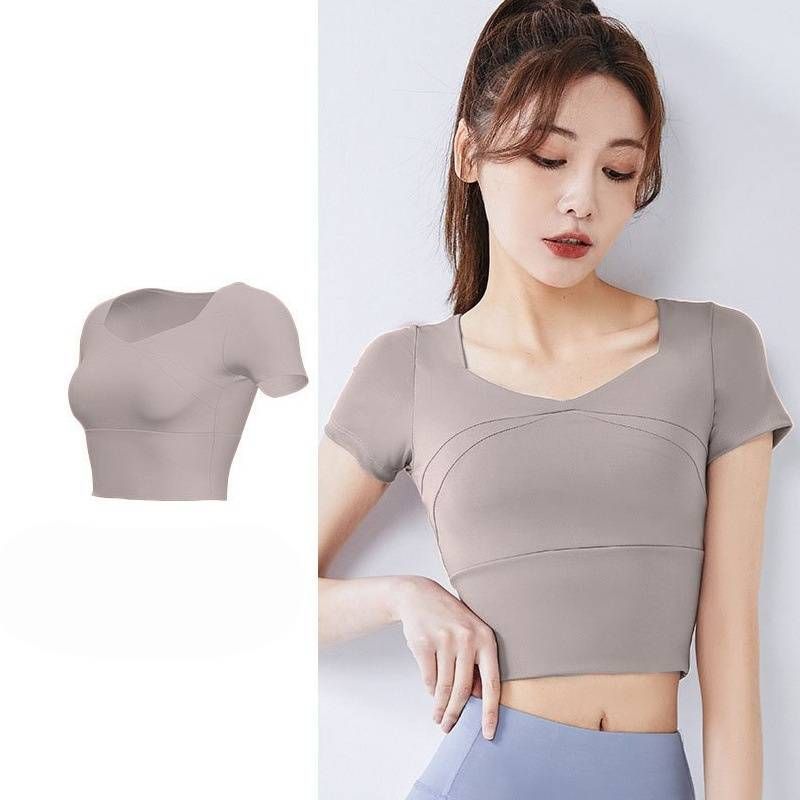 Short Yoga Top With Elastic Band & Chest Pad, Compressive, Buttery-soft, Short-sleeve_desvips.com