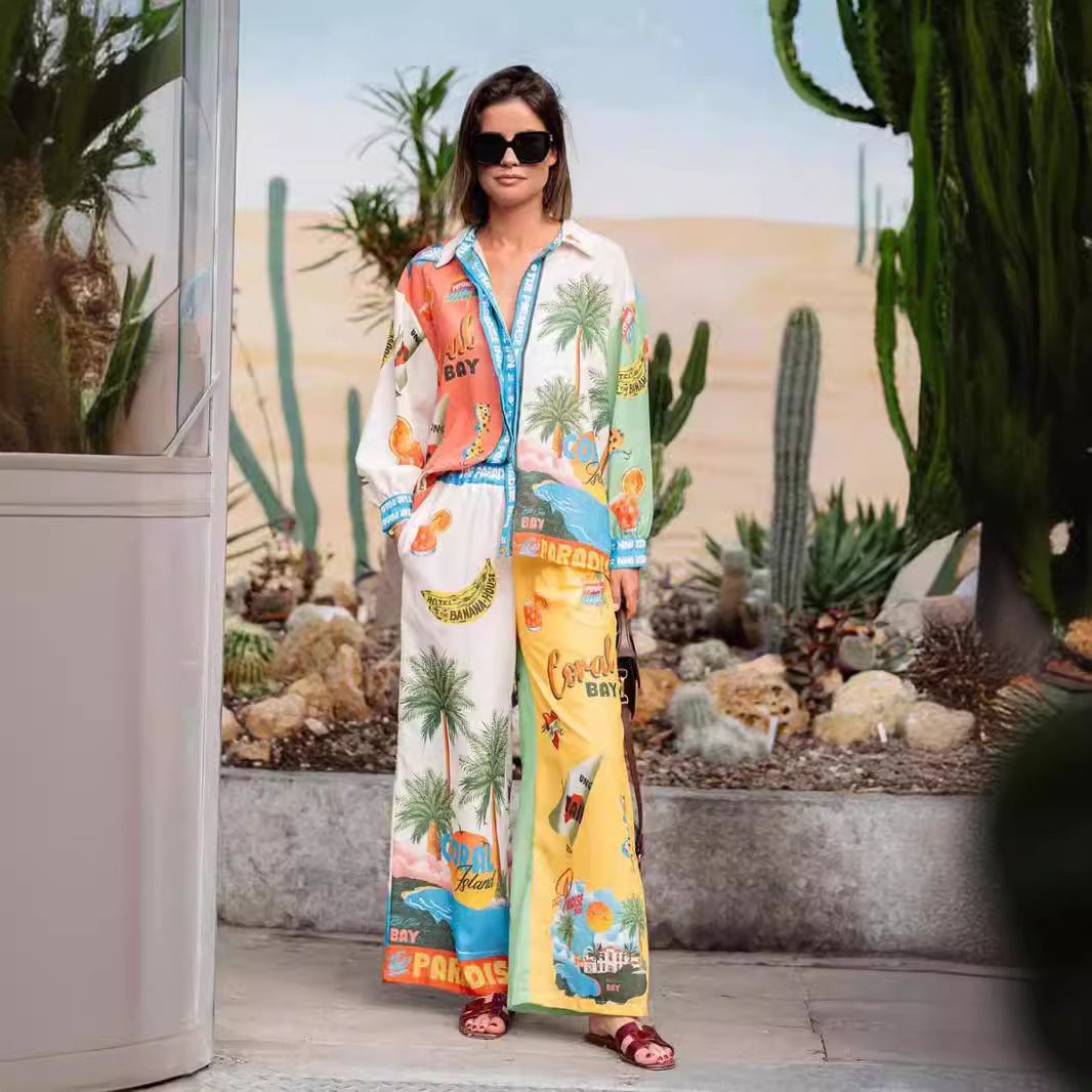 Women's Clothing fashion personality printed linen color matching holiday leisure tether suit_desvips.com