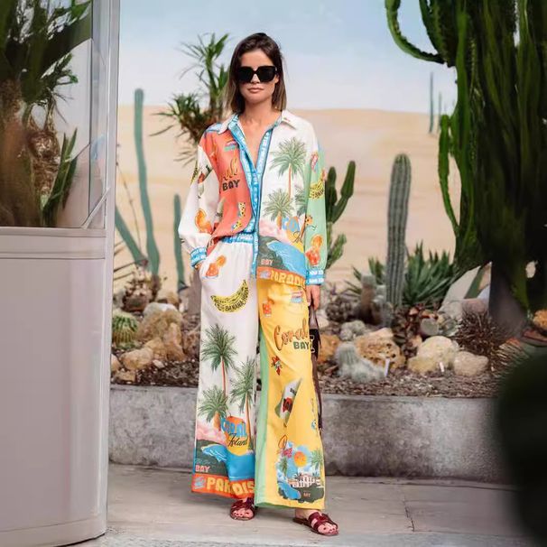 Women's Clothing fashion personality printed linen color matching holiday leisure tether suit_desvips.com