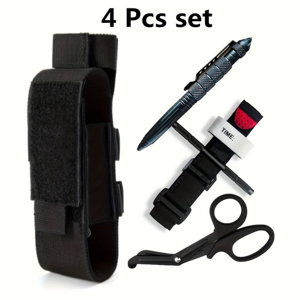 4Pcs Sets First Aid Kit Tourniquet Survival Set Outdoor Tourniquet, Molle Bag, Professional Scissors And EDC Pen_desvips.com