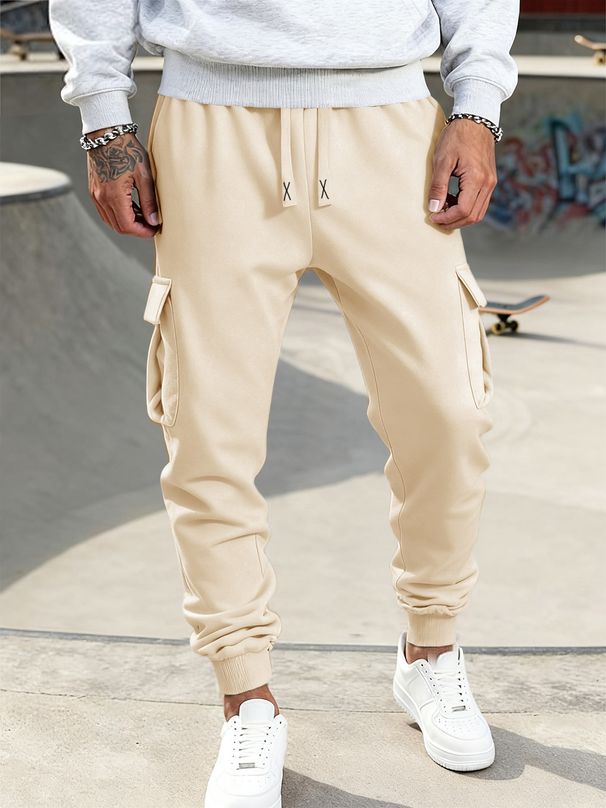 Mens Casual Spring Autumn Sweatpants Drawstring Solid Color Workout Long Pants Fashion Gym Trousers With Pockets_desvips.com