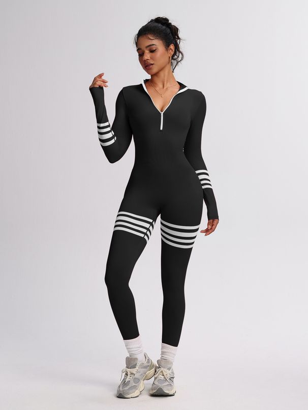 Women's Seamless Striped Zipper Long Yoga Suit Long Sleeved Jumpsuit For Sports And Fitness Outdoor Activity_desvips.com