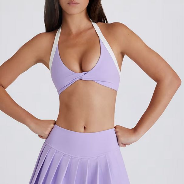 001 Cross-Border New Golf Set Color-Block Twist Halter Sports Bra Anti-Exposure Fitness Pleated Skirt For Women_desvips.com