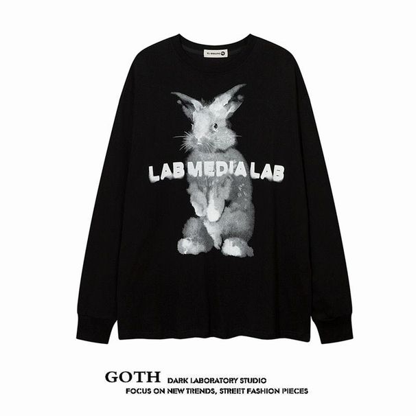American Dark Gothic Niche Hip-Hop Graffiti Rabbit Pure Cotton Cuffed Long Sleeve T-Shirt Unisex Loose Versatile Top_desvips.com