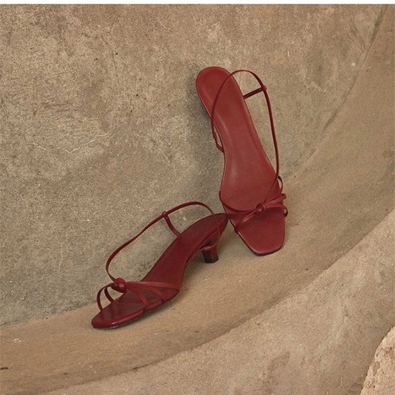 French style warm evening wind twisted open toe sandals for women Summer stiletto kitten heel leather sandals low heel Roman sandals for women_desvips.com