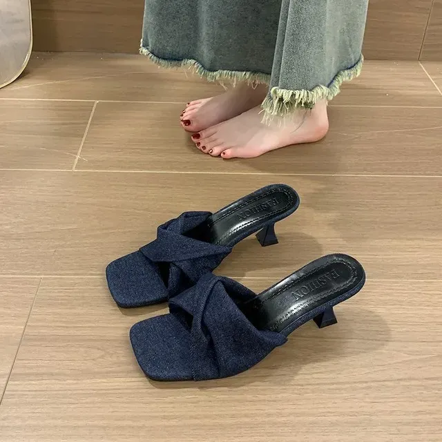 Fashion Summer Denim Women Slippers New Sexy Pointed Toe Thin Heels Female Slides Slip On Party Dress Mules Shoes_desvips.com