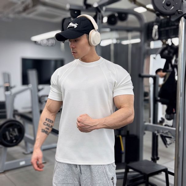 Spring Summer Men's Heavyweight Patchwork Short Sleeve Anti-Wrinkle High Elasticity Firm Fit Running Training Sports_desvips.com