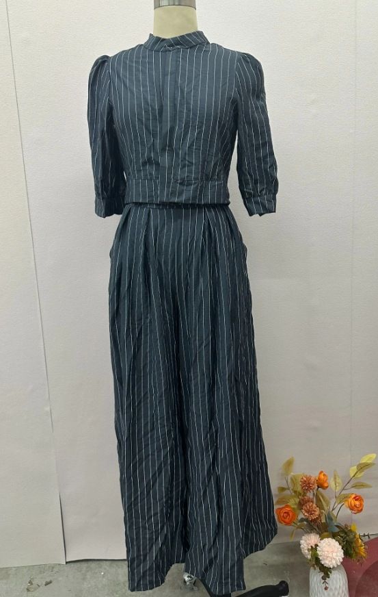 Women's Clothing fashion striped print navel baring top high waist wide leg pants suit_desvips.com