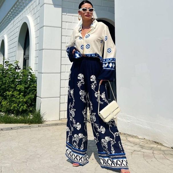 Women's clothing fashion positioning printed loose long-sleeved tops wide-leg pants two-piece set_desvips.com