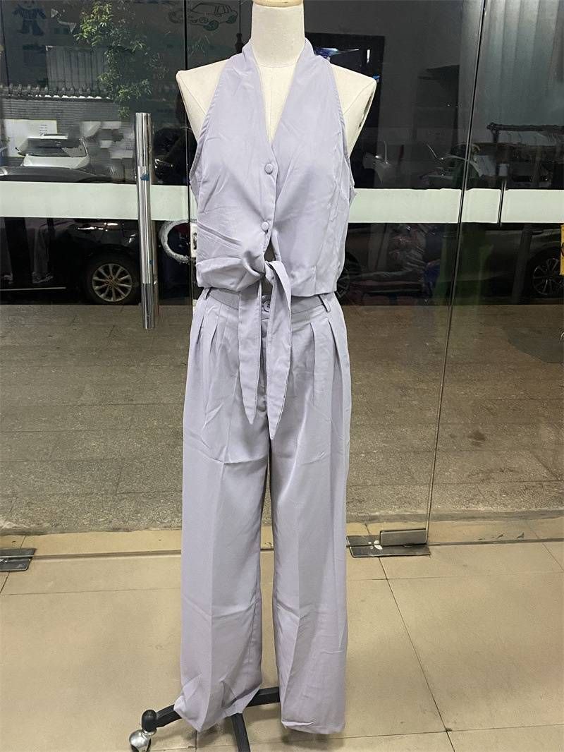 Women's clothing fashion temperament sleeveless hollow shirt high waist wide leg pants two-piece suit_desvips.com