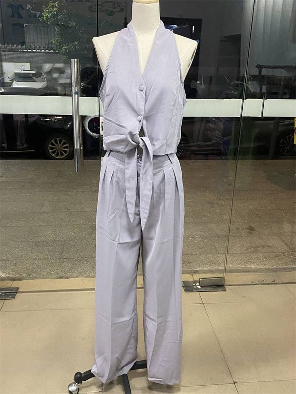 Women's clothing fashion temperament sleeveless hollow shirt high waist wide leg pants two-piece suit_desvips.com