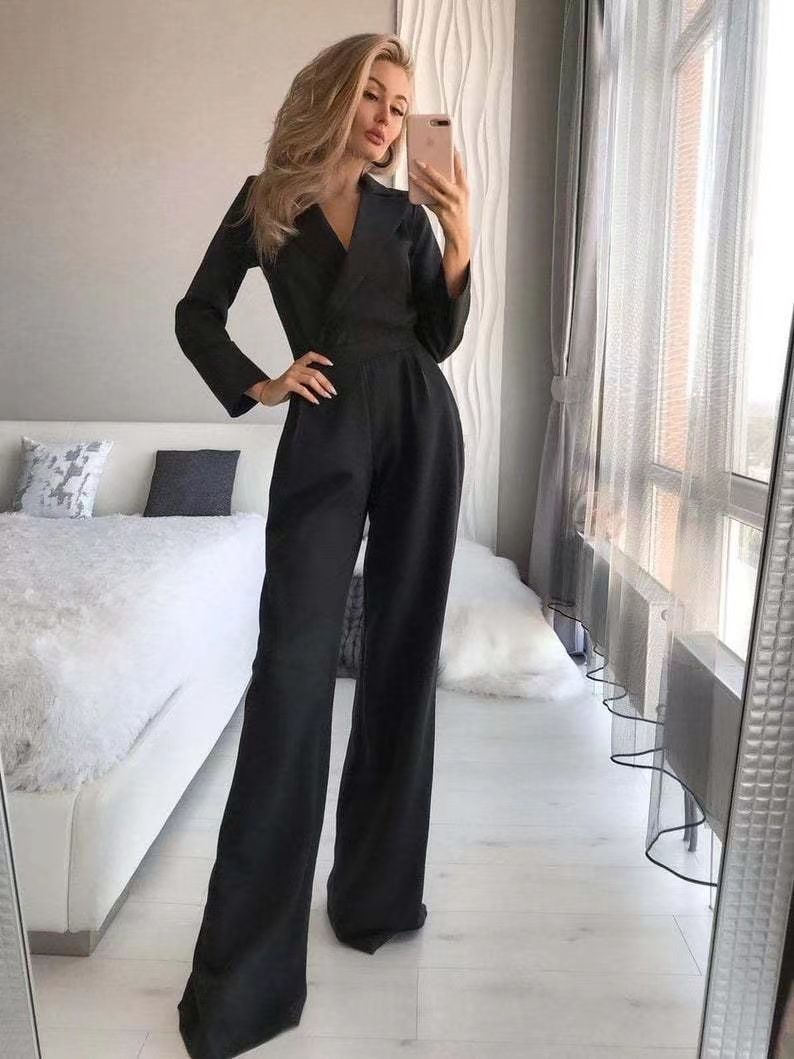 Women's long skirt jumpsuit slanted placket mid-waist temperament commuting jumpsuit_desvips.com