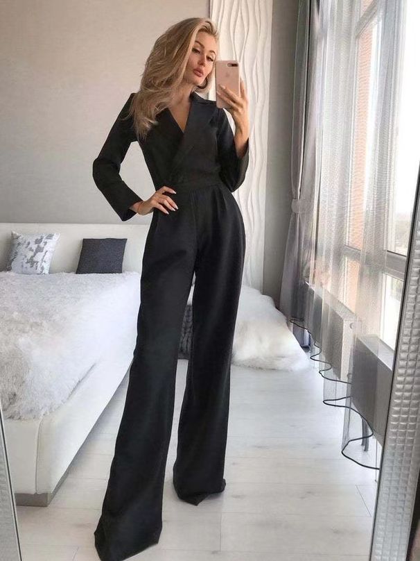 Women's long skirt jumpsuit slanted placket mid-waist temperament commuting jumpsuit_desvips.com