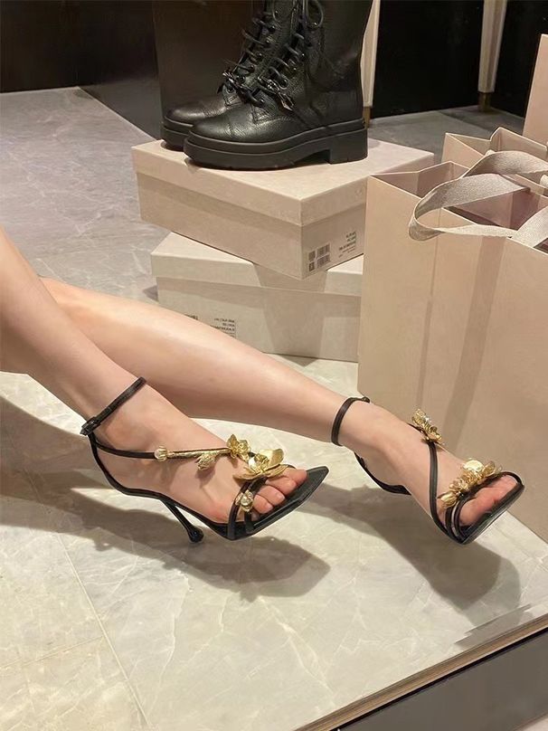 Summer 2026 New Style Gold Flower Single Shoes One-Strap Sexy Open-Toe Design Square Toe Stiletto High Heel Sandals For_desvips.com