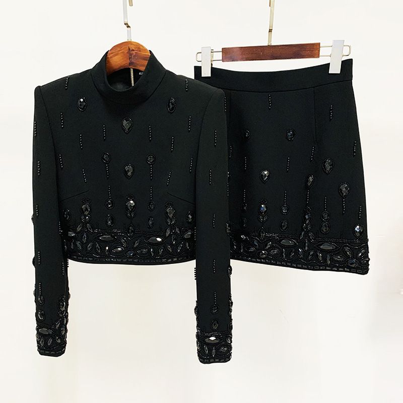 Women's Clothing celebrity fashion new heavy beaded diamond short top skirt suit two piece suit_desvips.com