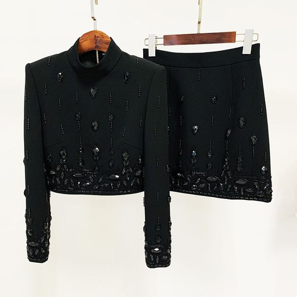 Women's Clothing celebrity fashion new heavy beaded diamond short top skirt suit two piece suit_desvips.com