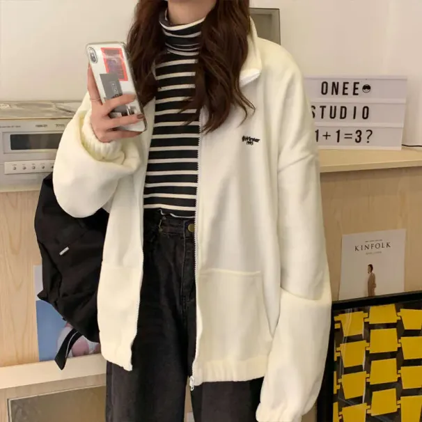 European Style Fleece Jacket For Women 2024 Autumn Winter New Casual Versatile Long Sleeve Cardigan Thickened Stand_desvips.com