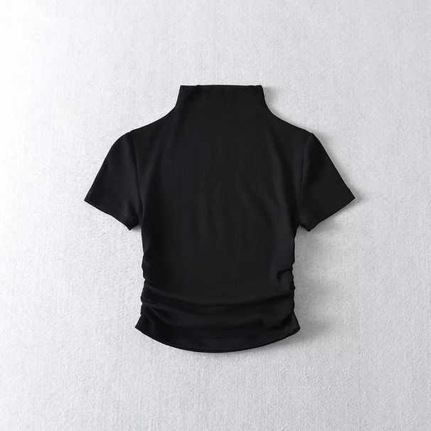 High-neck Short-sleeve European And American Style Women's New Solid Color Top With Side Pleats, Tight-fitting Ribbed_desvips.com