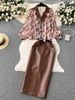 Women's Clothing collar floral chiffon shirt high waist tight PU leather skirt female high end outfit two piece suit_desvips.com