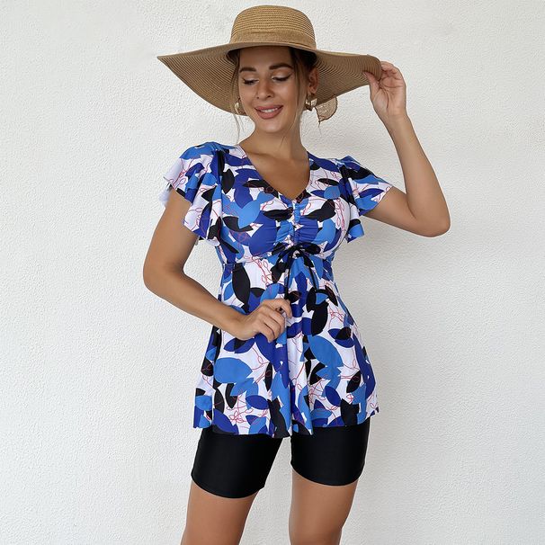 New Style Skirt-style Printed Swimsuit Women's Covering-belly Straight-leg Conservative Tankini Set Swimsuit_desvips.com
