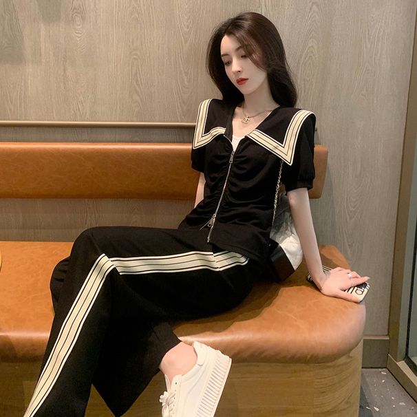 Black Casual Sports Suit For Women Summer 2024 New Loose Age-Reducing Internet Celebrity Street Style Short Sleeve_desvips.com