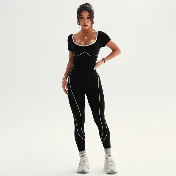 NOKO One-piece Yoga Suit Contrasting Color Short-sleeved Tights Women's Peach Buttocks Trousers One-piece Outer Sports Fitness Suit_desvips.com