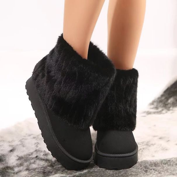 New Thick-soled Round Head Flip Hairy Short Snow Boots Women's Muffin Bottom Warm Thickened Cotton Shoes_desvips.com