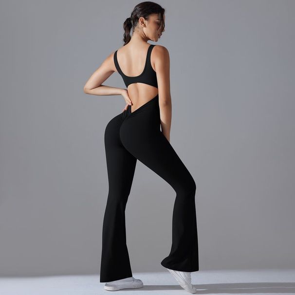 New Solid Color Back Hip Lifting Long, Slim Fit Wide Leg Jumpsuit For Sports, Running, Fiess, And Yoga_desvips.com