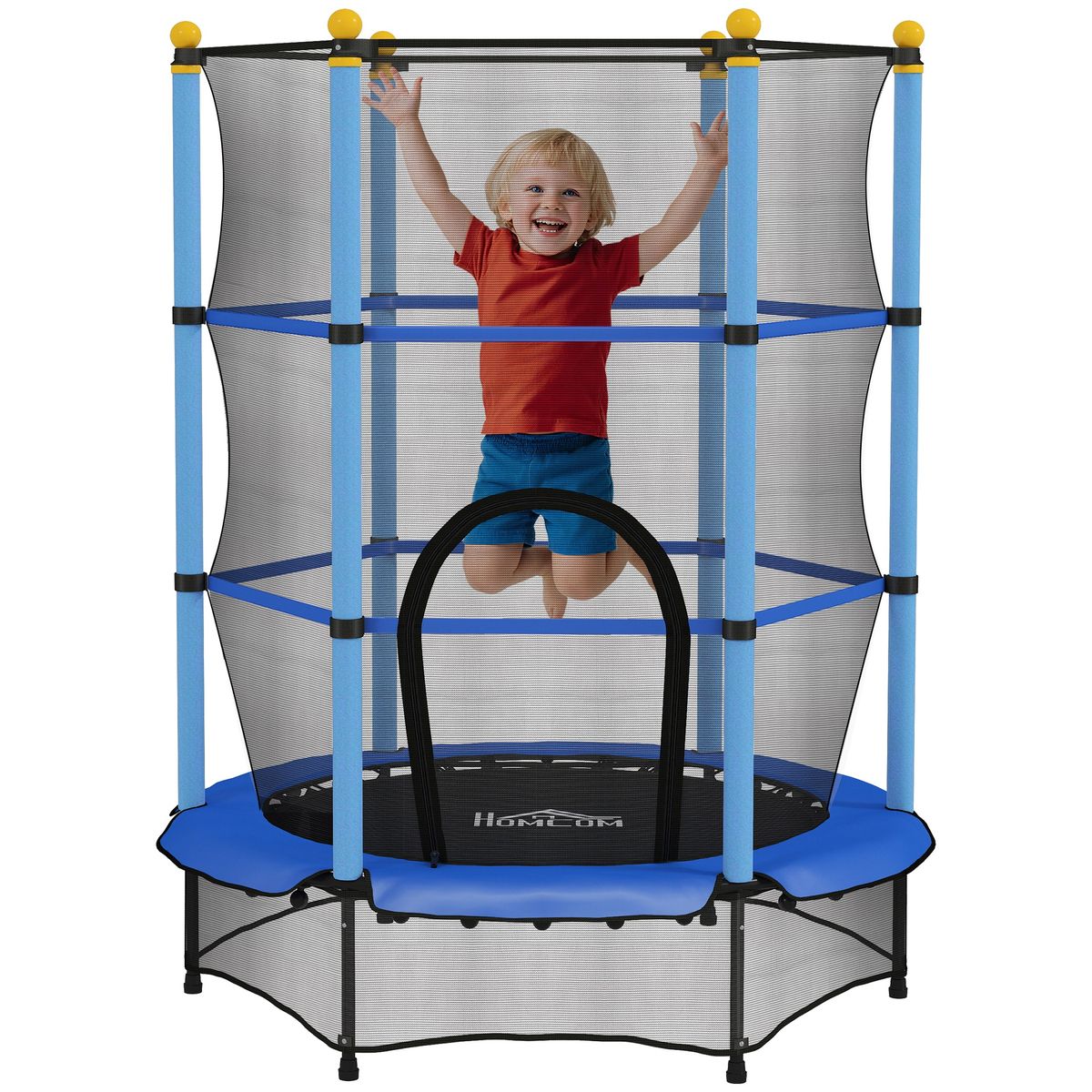 Tappeto Elastico Per Bambini Con Rete Di Sicurezza E Pali Imbottiti Età 3-10 Anni, Ø140 X 190 Cm, Blu_desvips.com