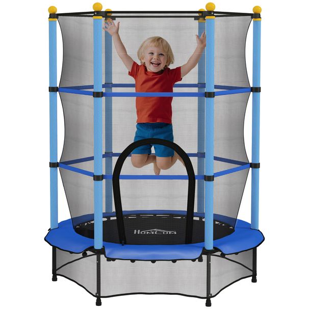 Tappeto Elastico Per Bambini Con Rete Di Sicurezza E Pali Imbottiti Età 3-10 Anni, Ø140 X 190 Cm, Blu_desvips.com