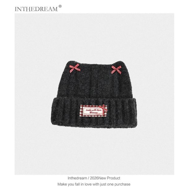 Cat Ear Bowknot Cute Beanie Large Head Circumference Winter Thickened Cold-proof Warm Knitted Plush Hat_desvips.com