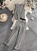 Women's Clothing round neck striped knitted vest top, two-piece suit, high waist, slimming, straight wide-leg pants_desvips.com