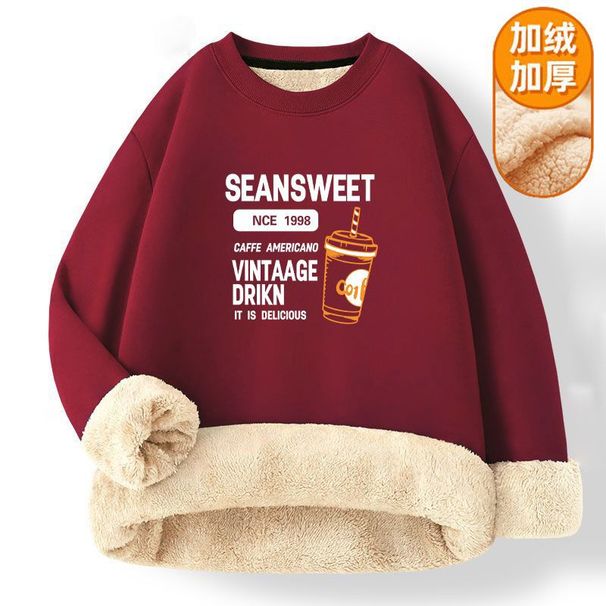 Round Neck Sweatshirt Men's Fleece Lined Thickened Top 2023 Autumn Winter New Loose Warm Lamb Wool Couple Style 12_desvips.com
