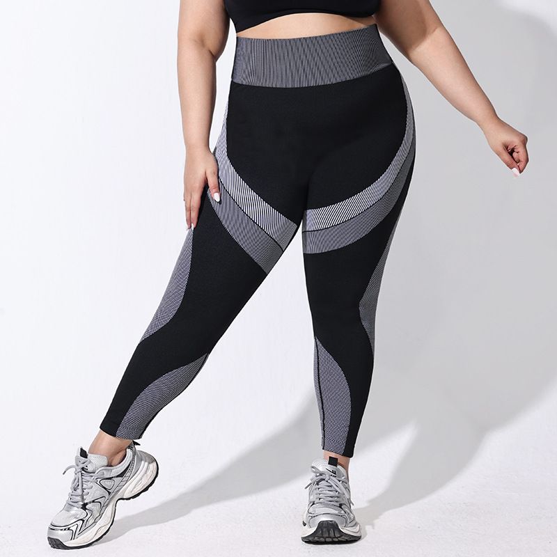 Women's High-Waisted Color-Block Yoga Pants Plus Size Breathable Tight-Fitting Hip-Lifting Seamless Striped Sports Leggings_desvips.com