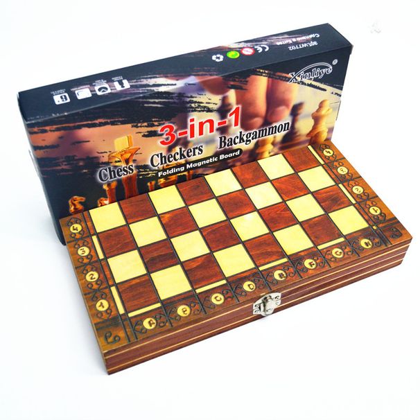 Wooden Magnetic Chess 3-in-1 Set Portable Foldable Puzzle Competition Board Game Toys_desvips.com