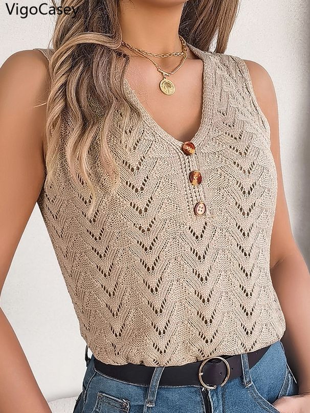 VigoCasey 2026 Lady Sexy Solid Bodycon Top Women Summer V Neck Hollow Knit Vt Female Sleevels Casual Club Tops_desvips.com