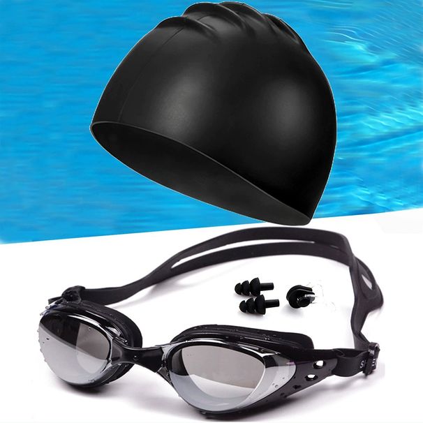 Anti Fog Electroplated Swimming Goggles + Silicone Swimming Cap + Silicone Nose Clip Earplugs Five Piece Set Bag_desvips.com