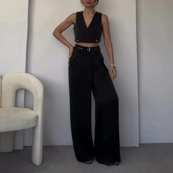 Women's Clothing women's clothing solid color V neck unrepaired vest lapel wide leg trousers suit_desvips.com