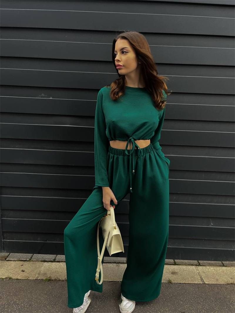 Women's clothing fashion solid color lace short long-sleeved top wide-leg pants two-piece set_desvips.com
