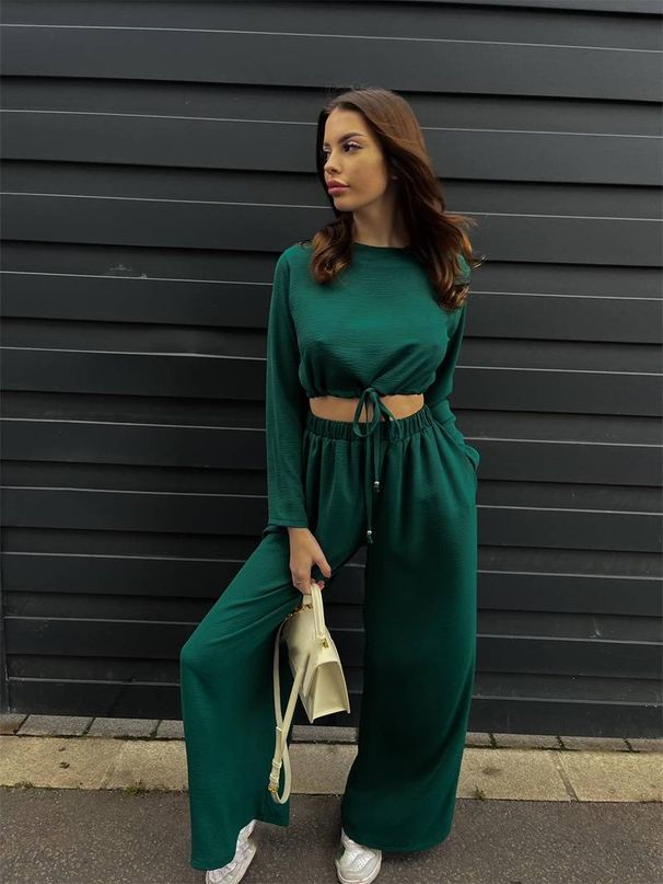 Women's clothing fashion solid color lace short long-sleeved top wide-leg pants two-piece set_desvips.com