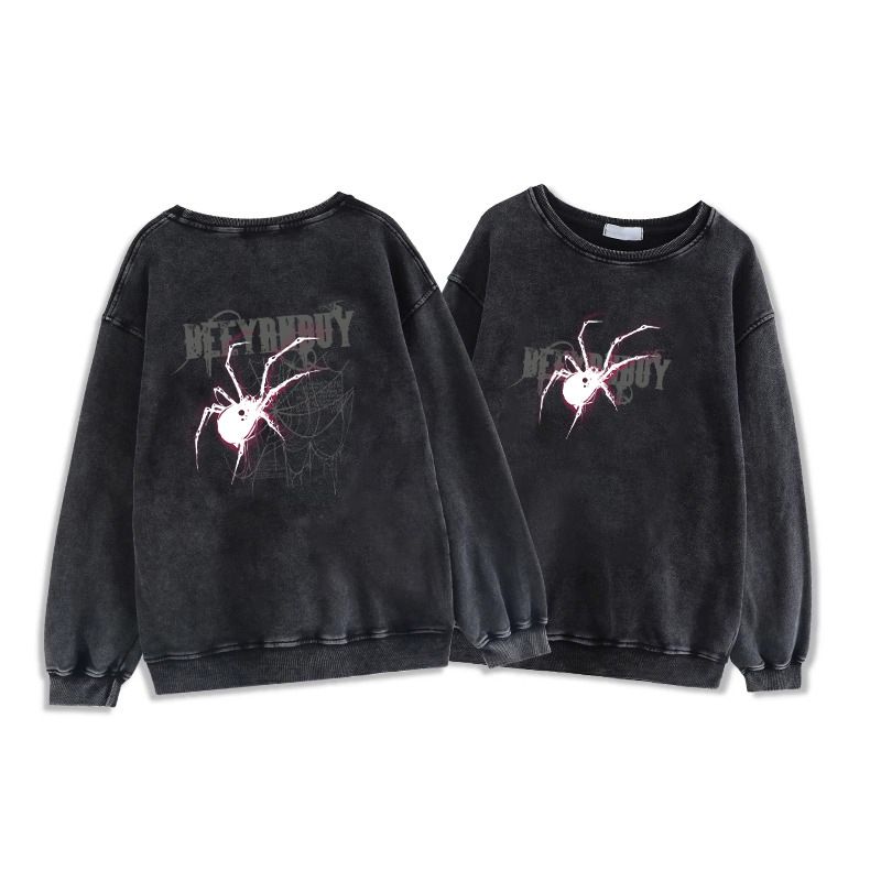 Extra Large American High Street Spider Print Hoodie For Men Women, Autumn And Winter Washed Vintage Couple Long Sleeve_desvips.com