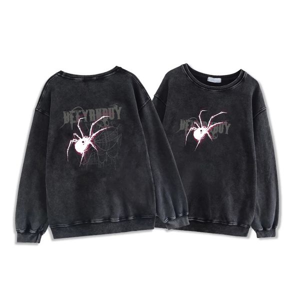 Extra Large American High Street Spider Print Hoodie For Men Women, Autumn And Winter Washed Vintage Couple Long Sleeve_desvips.com