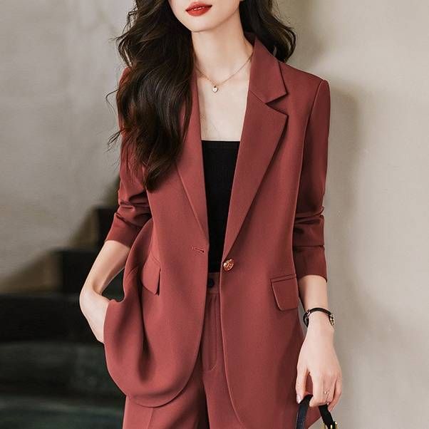 Women's Clothing Red simple fashion suit suit women's suit jacket high waist straight fashion_desvips.com