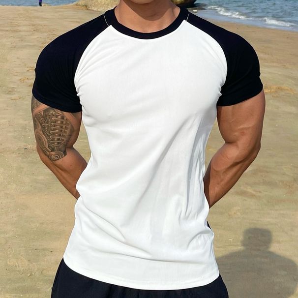 Muscle Exercise Semi-tight Fitness Short-sleeve Men's Basketball Autumn Running Training Color-block Striped Stretch_desvips.com