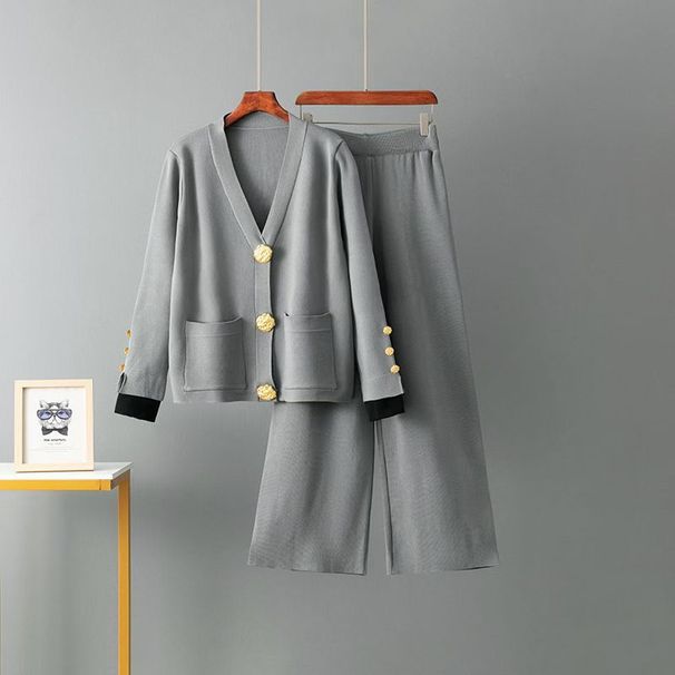 European And American Style Autumn Winter New Metal Button Cardigan 2025 Wide-Leg Pants Knitted Sweater Two-Piece Set_desvips.com